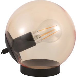 Bernsteinfarbene Design-Tischleuchte mit schwarzem Metallfuß und E27 Fassung.