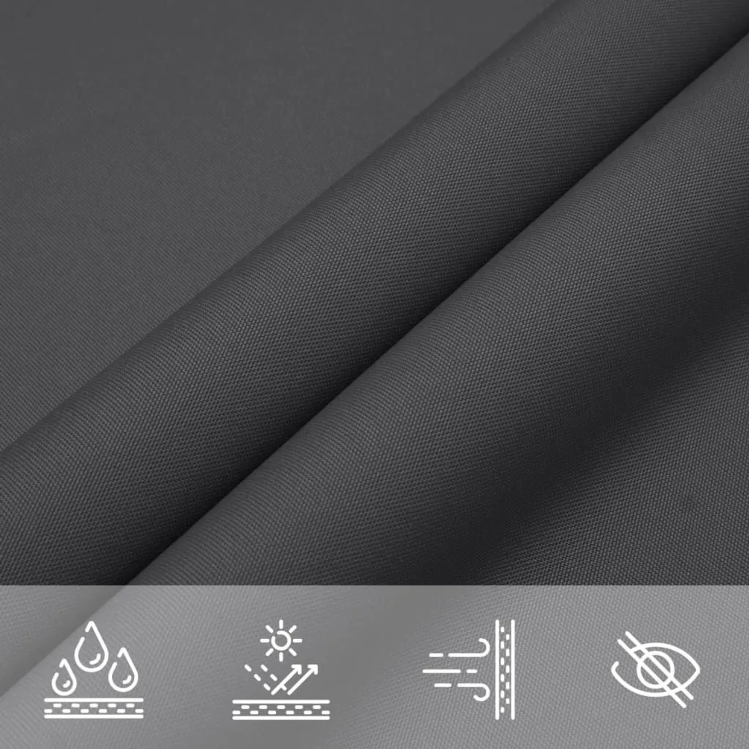 Anthrazitfarbenes Oxford-Gewebe für Sonnensegel. Detailansicht mit Symbolen für Wasserfestigkeit & UV-Schutz.