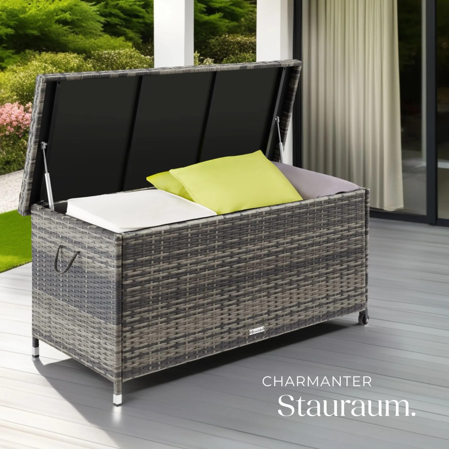 Tectake Auflagenbox Kiruna 270 L  Mit Rattangeflecht 2 Griffschlaufen und 2 Rollen  121 x 56 x 60 cm Grau_7