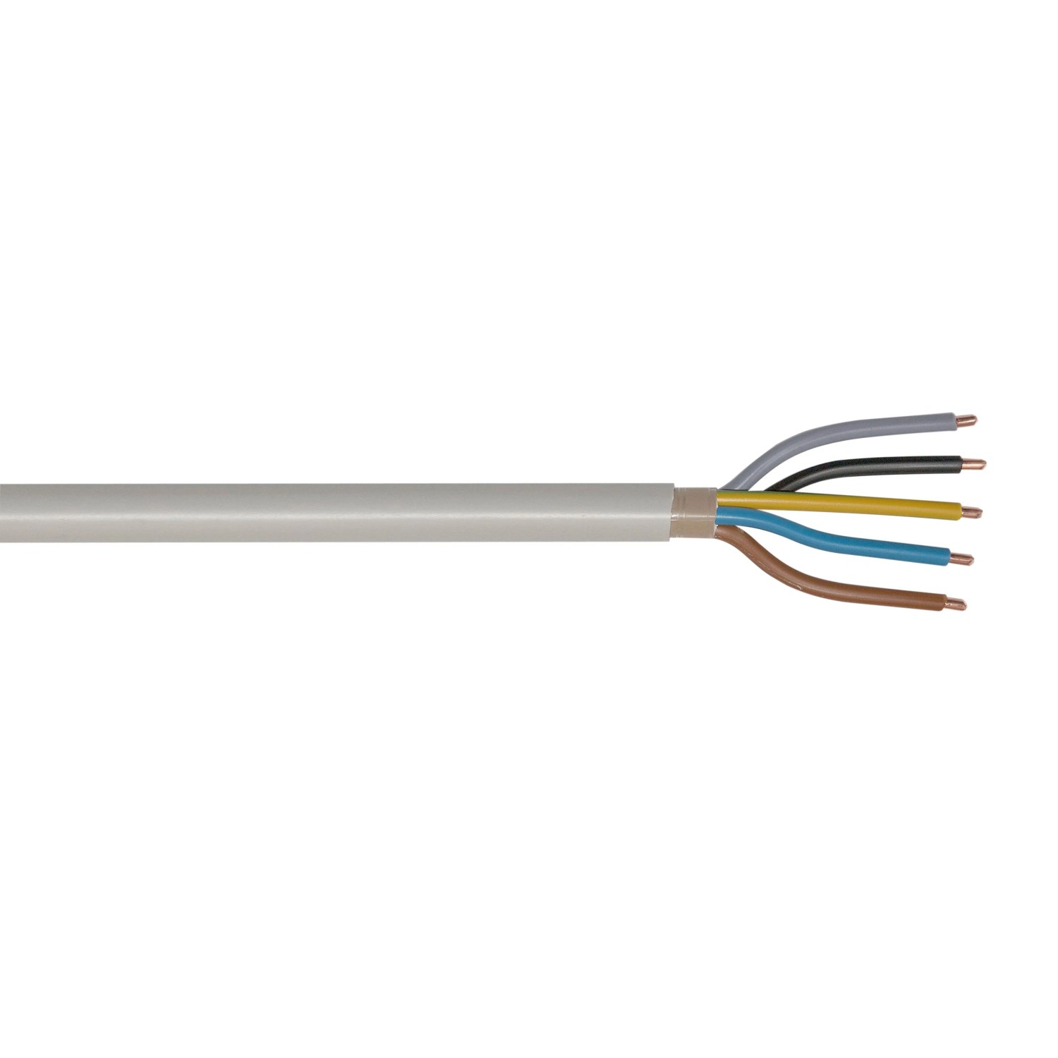 Graue Emskabel Mantelleitung NYM-J 5G10 mit fünf farbigen Adern. Ideal für Feuchtraumleitungen.