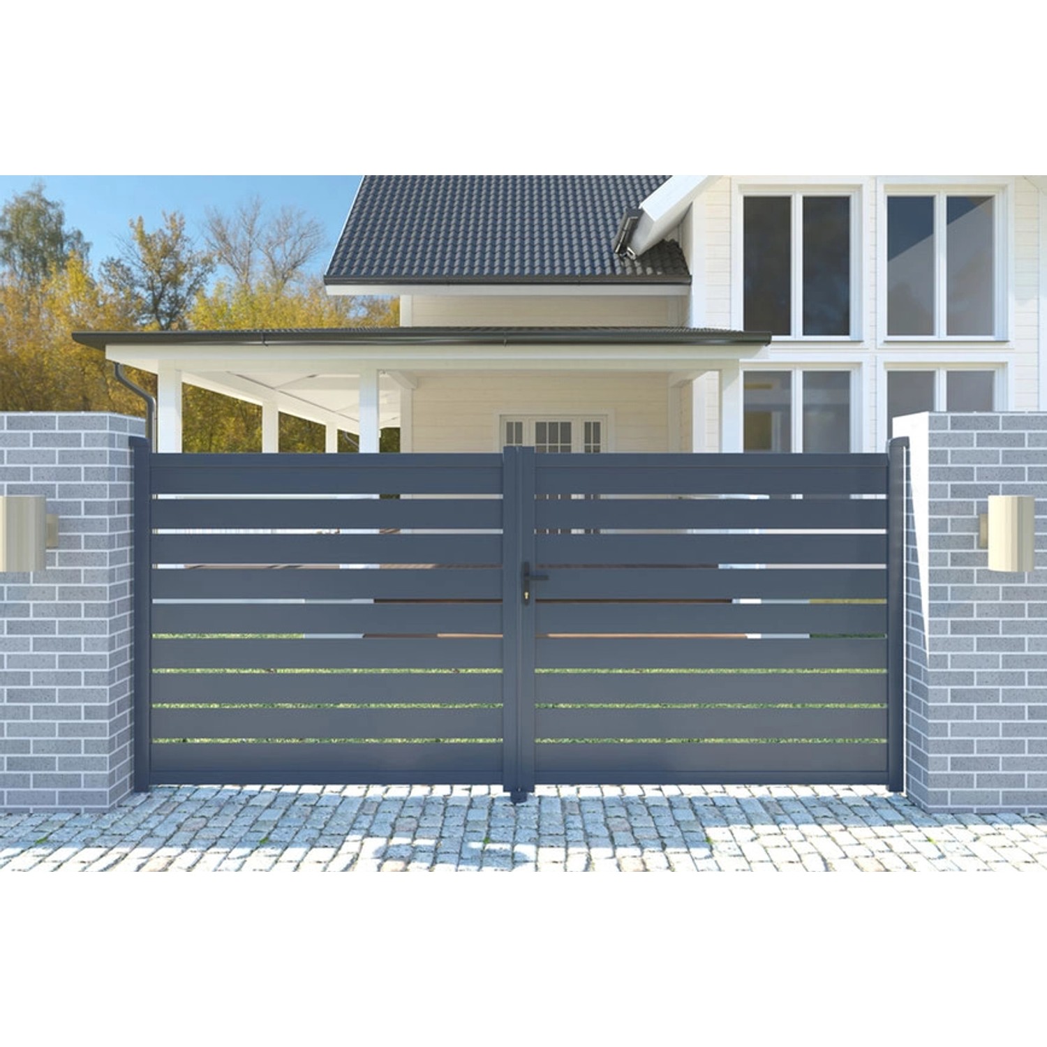 Elektrisches Flügeltor Vogel 3,5 m, grau, mit Drehtorantrieb Hicker B200. Gartentor aus Aluminium.