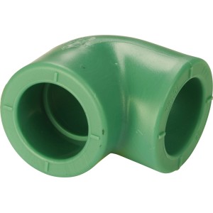 Grüner PPR-Winkel 90° DN 20 aus Kunststoff für Sanitärinstallationen.