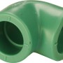 Grüner PPR-Winkel 90° DN 20 aus Kunststoff für Sanitärinstallationen.