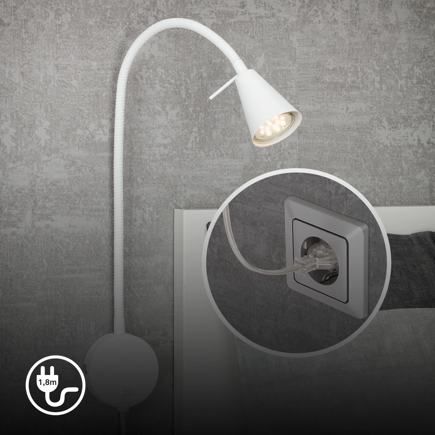 Weiße Briloner LED Bettleuchte Tusa mit schwenkbarem Flexarm, warmweißes Licht.