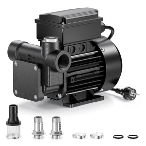 Schwarze Wiltec Heizöl- und Dieselpumpe, selbstansaugend, mit Filter, Anschlüssen und Schellen für Kraftstoff.