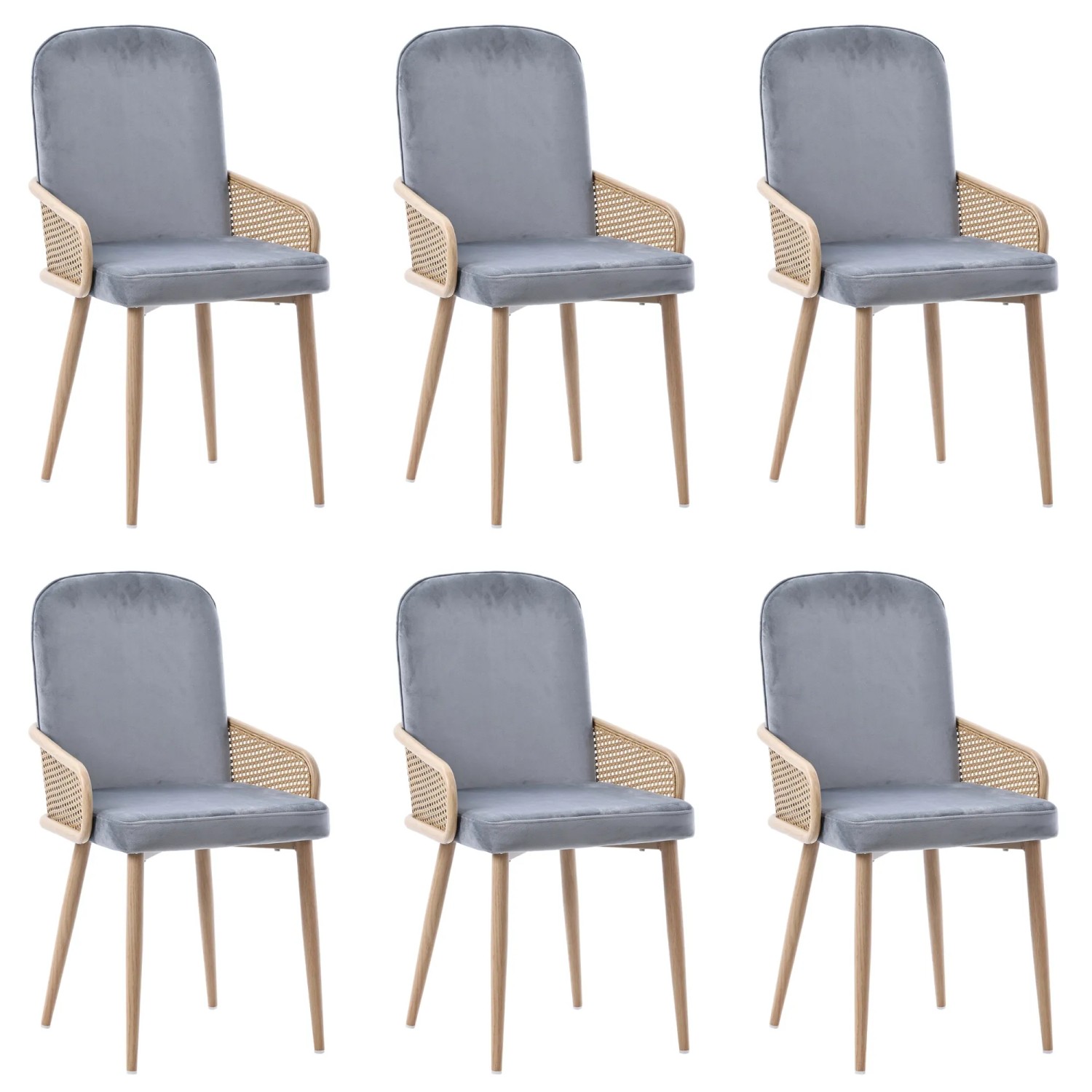 Merax Samt Esszimmerstuhl 6er Set Rattan Optik mit Metallbeinen Grau