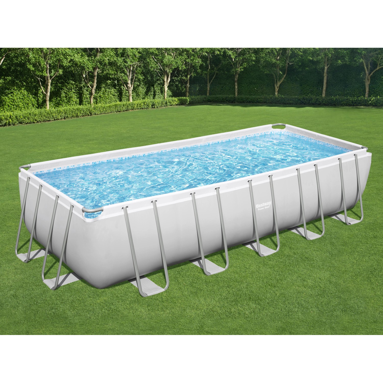 Rechteckiger Bestway Stahlrahmenpool Power Steel, 640x274x132 cm, mit Stahlrahmen und blauem Wasser.