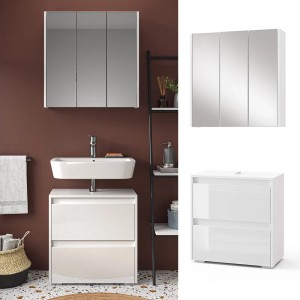 Vicco Badmöbel Set Majest, weiß/weiß Hochglanz, 2-teilig: Waschbeckenunterschrank und Spiegelschrank.