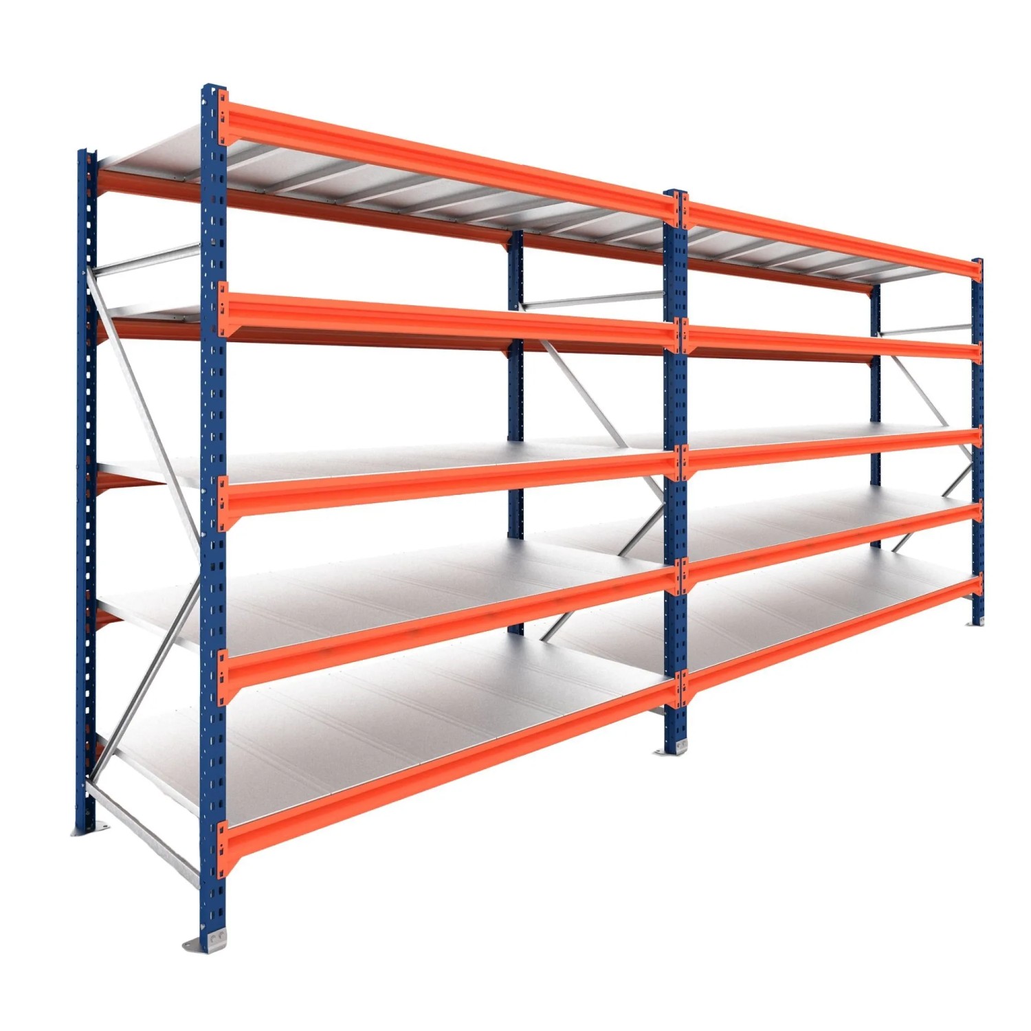 PROREGAL Weitspannregal Schwerlastregal DOMINUS Komplettregal 2 Felder 200x480x100cm 5 Ebenen Stahlplatten-Fachboden Fachlast 332 kg Blau/Orange