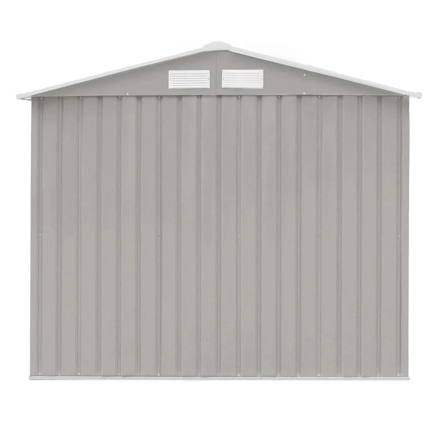 Hellgraues Metall Gerätehaus mit Satteldach und zwei Lüftungsgittern. Robuster Garten Schuppen.