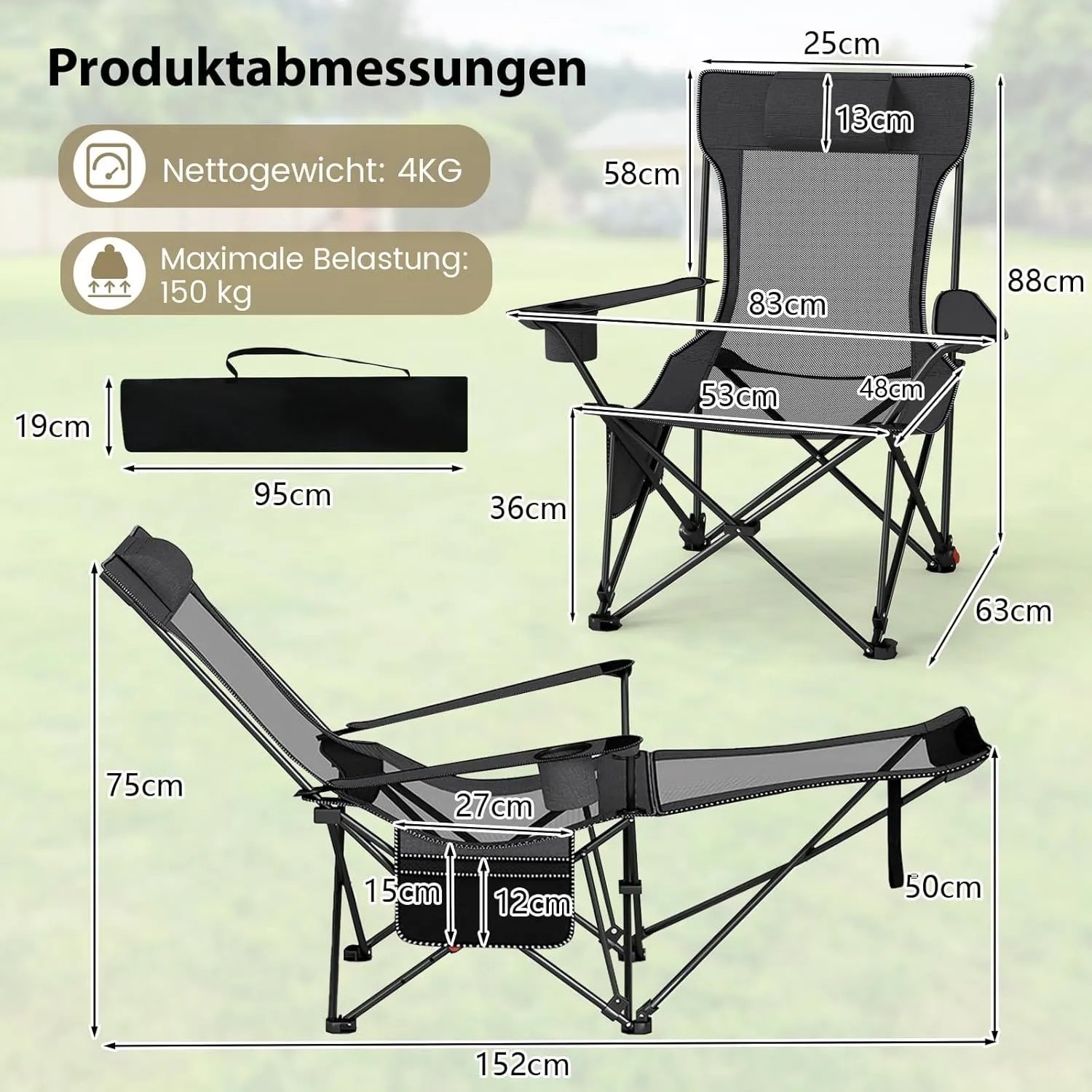 Grauer Costway Campingstuhl mit Fußablage, als Stuhl und Liege mit Maßen. Verstellbar, faltbar für Camping, Angeln.