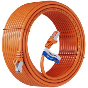 Orangefarbenes 30m CAT 7 LAN Kabel mit RJ45 Stecker für schnelle Netzwerkverbindungen.