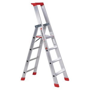 Euroline Premium Stufenstehleiter mit 4 Stufen und Sicherheitsbrücke, Aluminium mit roten Akzenten.