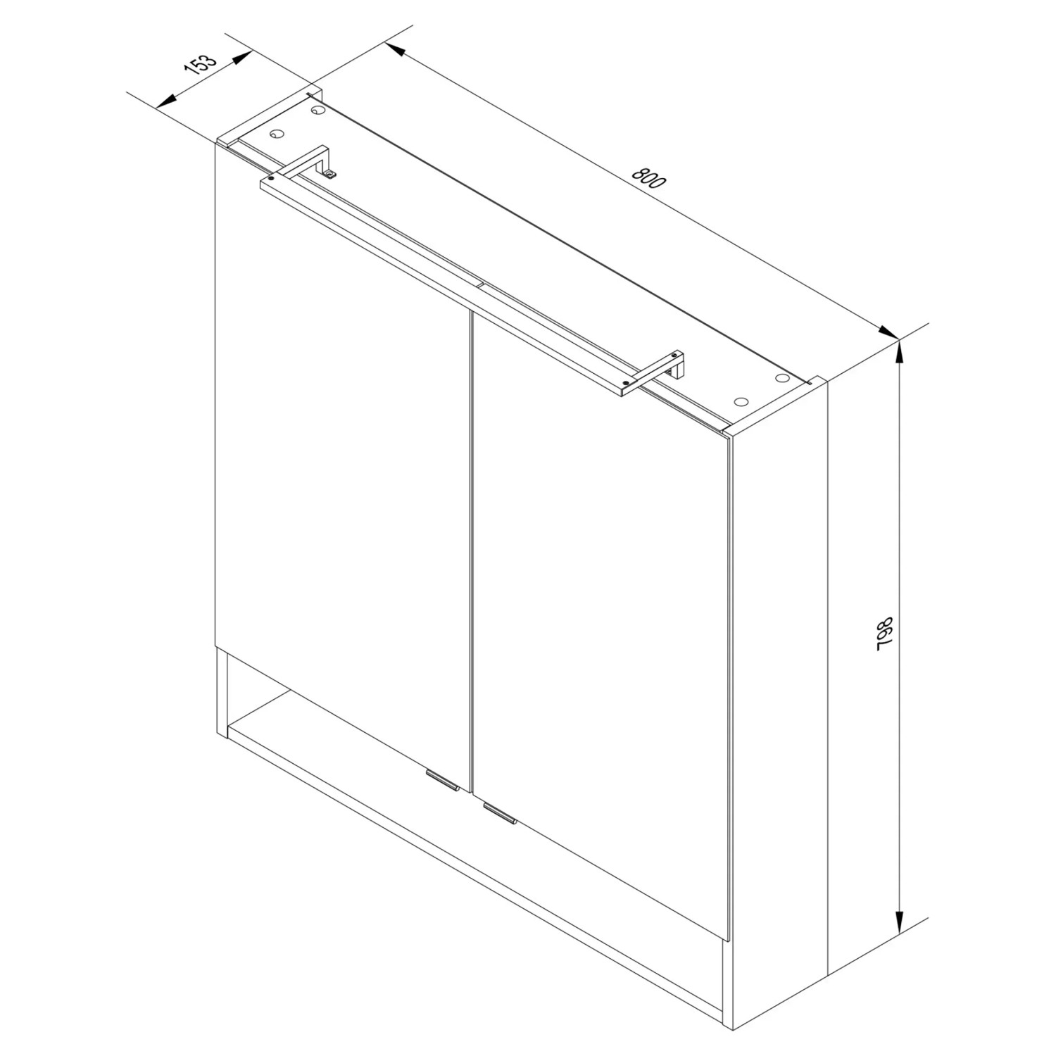 Skizze: Fackelmann Spiegelschrank Luna, anthrazit, 80 cm breit, mit Maßen. Ideal für Bad & WC.