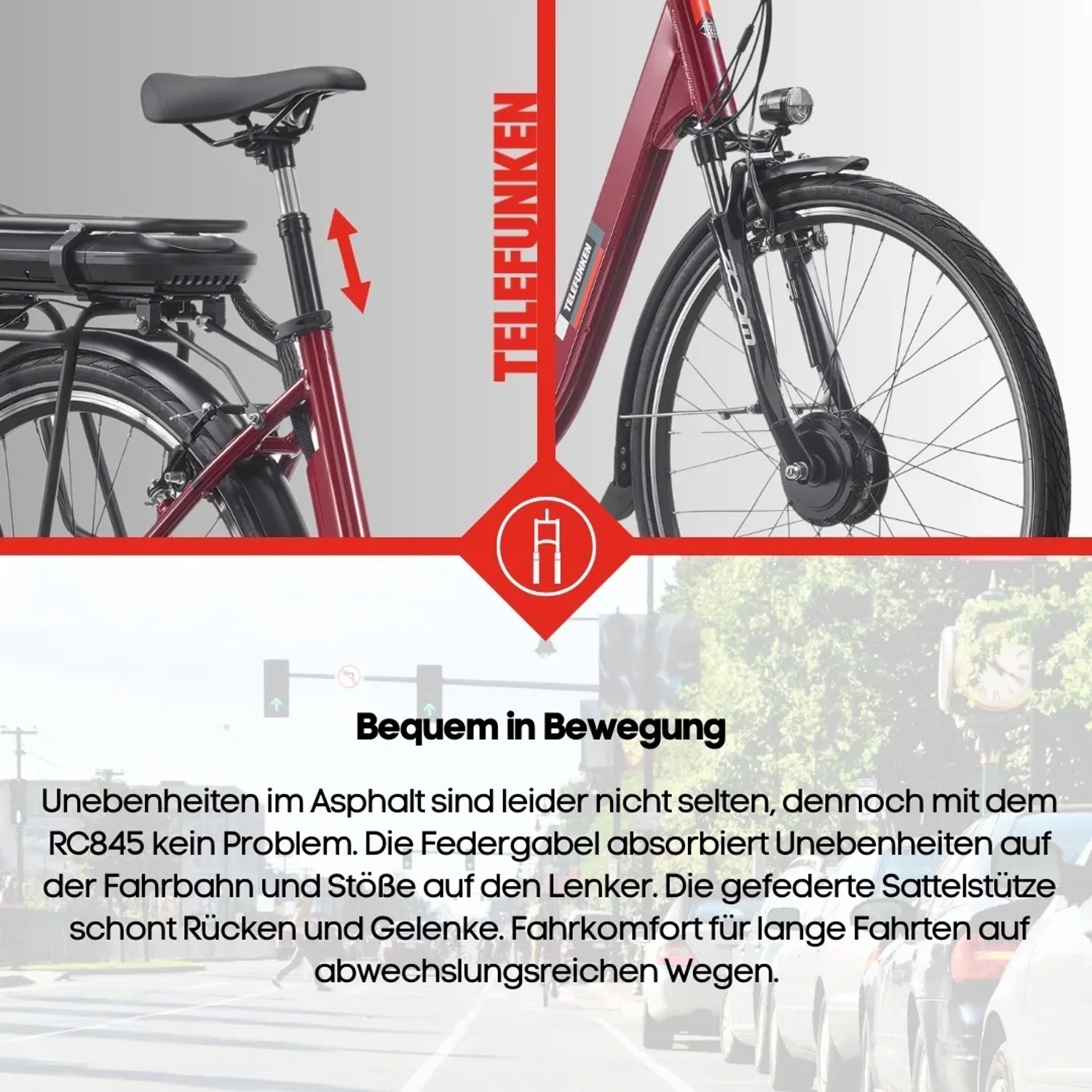 Telefunken City E-Bike RC845: 28 Zoll E-Fahrrad mit gefederter Sattelstütze für Komfort.