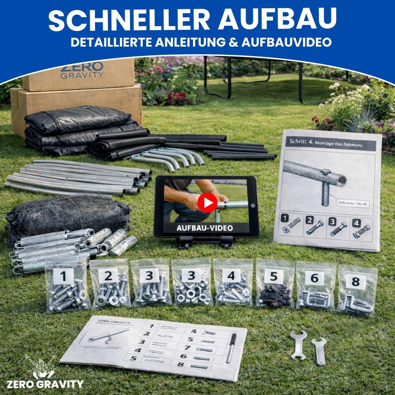 Zero Gravity Outdoor Trampolin 457x305cm TÜV GS Smartes Klappnetz mit Leiter und Bodenanker_7
