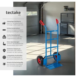 Blaue Tectake Sackkarre mit Stahlrahmen, Luftbereifung und roten Griffen (55x44x119 cm).