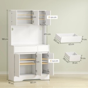 Weißer HOMCOM Küchenschrank (100x38x180cm) aus Spanplatte und MDF mit offenen Türen und Schubladen.