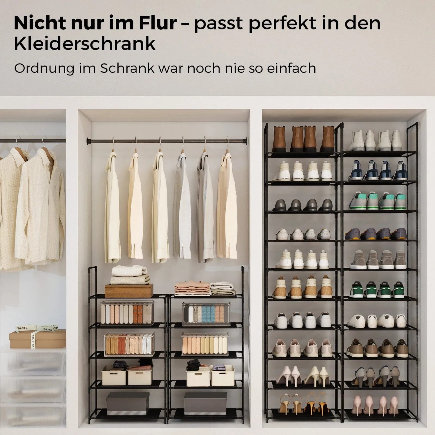 Schwarzes Schuhregal mit 10 Ebenen im Kleiderschrank, platzsparende Schuhaufbewahrung für viele Paare.