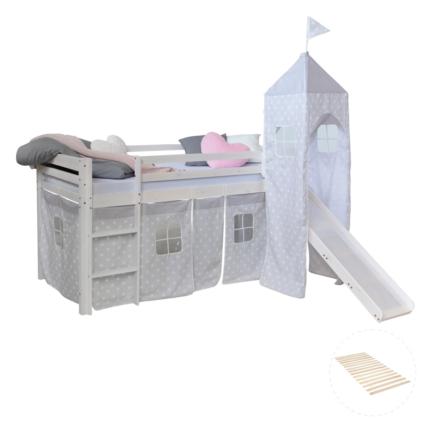 Homestyle4u Hochbett 90x200 Weiß mit Lattenrost und Rutsche Turm 2768 günstig online kaufen