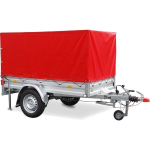 Stema Anhänger Variolux 850 mit roter Hochplane, Abstellstützen und Stützrad.