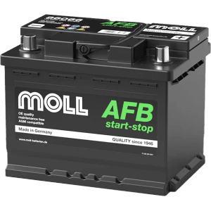 Schwarze MOLL AFB Start-Stop Starterbatterie 12V 66Ah. Robuste Autobatterie für Autoelektrik.