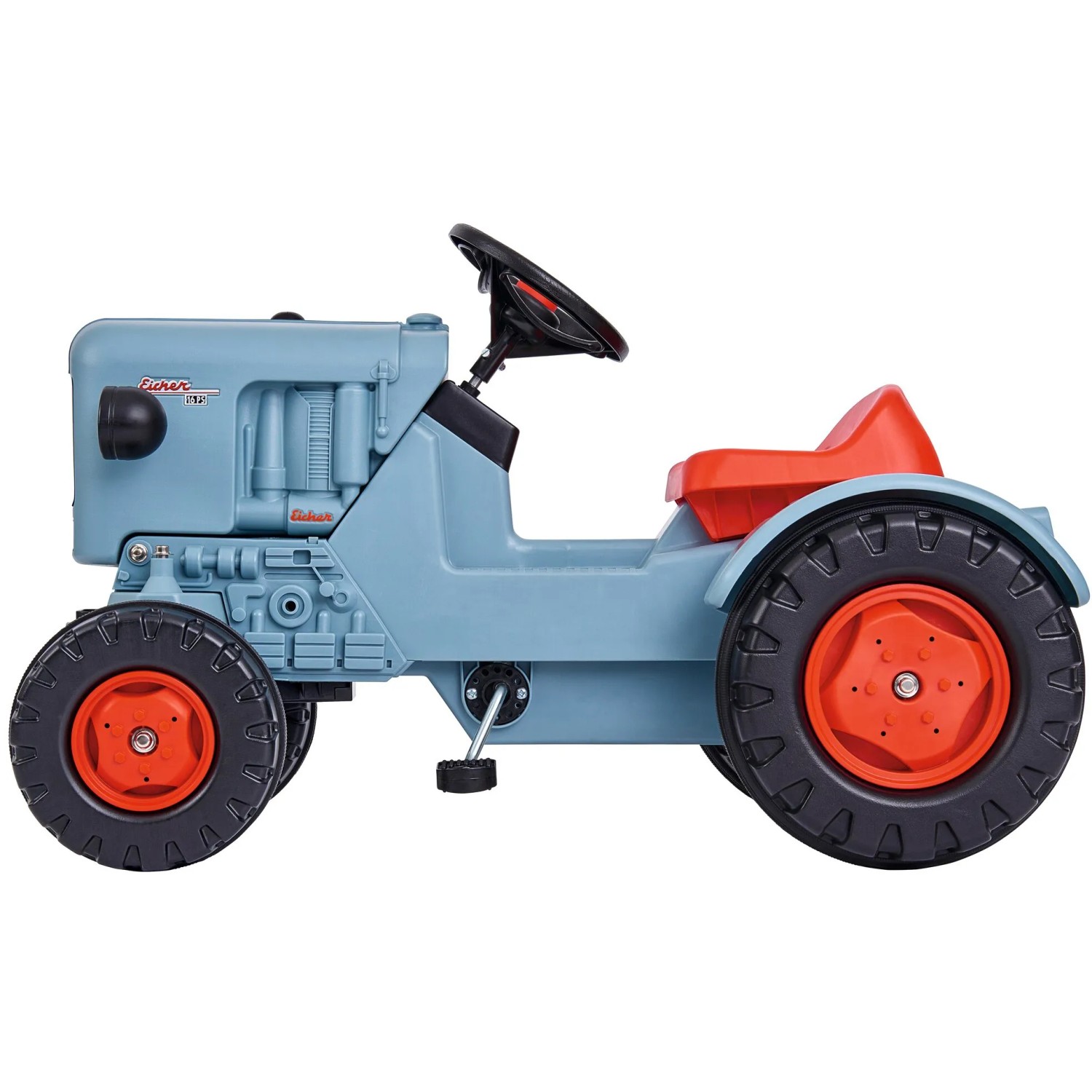 BIG Traktor Eicher Diesel ED 16 Trettraktor, blau mit roten Akzenten, Seitenansicht.