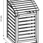 Skizze der T & J Mülltonnenbox Henri aus imprägniertem Holz für eine 240L Tonne, mit Maßangaben.