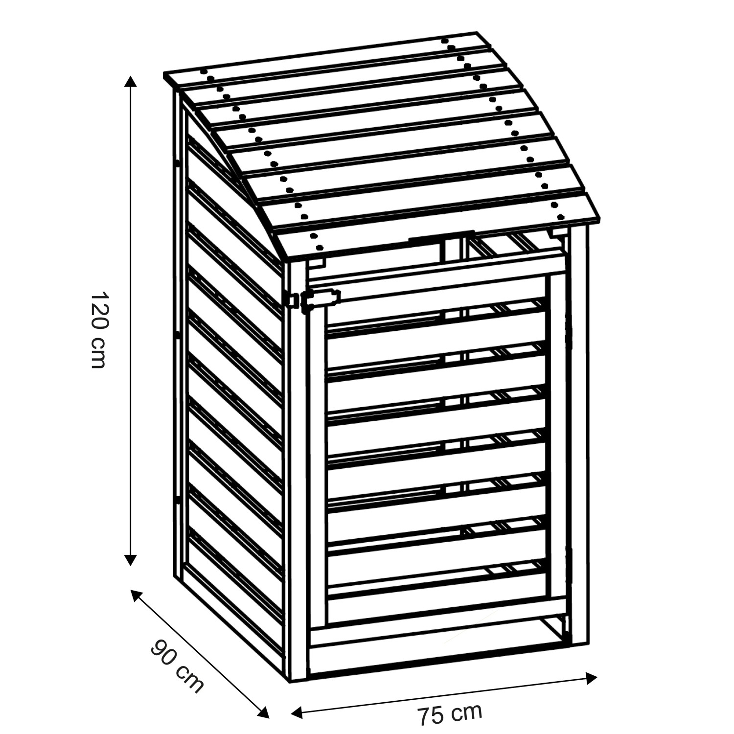 Skizze der T & J Mülltonnenbox Henri aus imprägniertem Holz für eine 240L Tonne, mit Maßangaben.