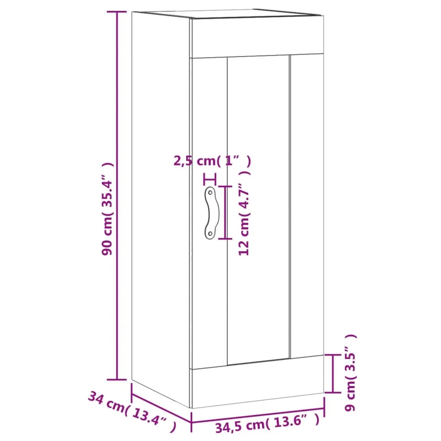 Hochglanz-weißer Wandschrank aus Holzwerkstoff, 34,5x34x90 cm, mit Tür und Kunstledergriff für Wohnzimmer.