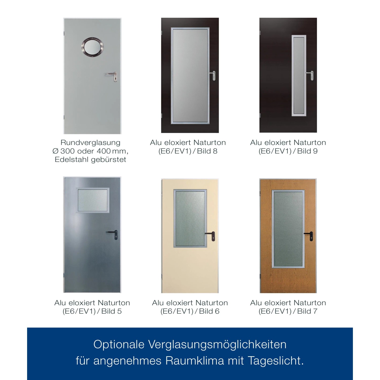 Verschiedene ZK-Türen, Stahltüren mit runder/eckiger Verglasung und in diversen Farben.