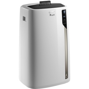 Weißes DeLonghi Klimagerät PAC EL98 ECO mit 10.700 BTU und Bedienfeld.