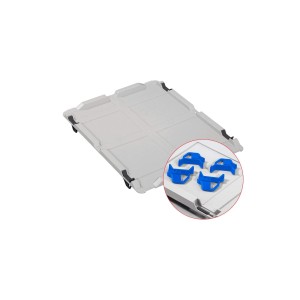 PROREGAL Spar Set: 10 graue Euroboxen mit Auflagedeckel und blauen Schiebeschnappverschlüssen.