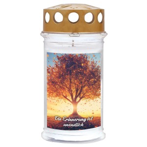 Weißes Ambrosius Grablicht mit Baum-Motiv und goldenem Deckel. Brenndauer 5 Tage.