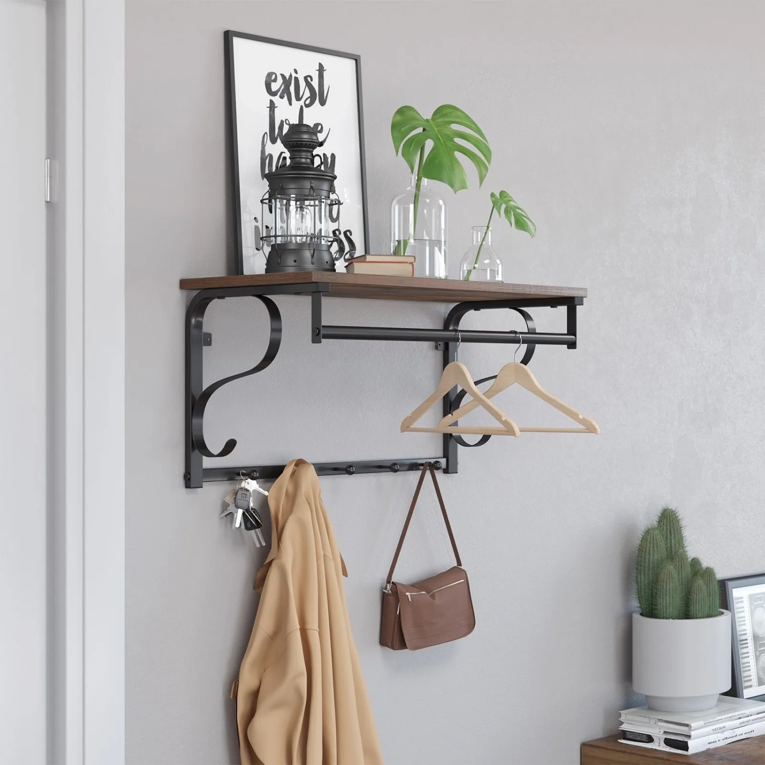 Vasagle Wandgarderobe mit 5 Haken, Regal, Kleiderstange, braun-schwarz. Ideal für Flur und Eingangsbereich.