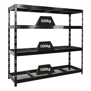 Schwarzes PROREGAL Schwerlastregal Rhino mit 4 Gitterrost-Ebenen, Fachlast 500kg, Stecksystem.