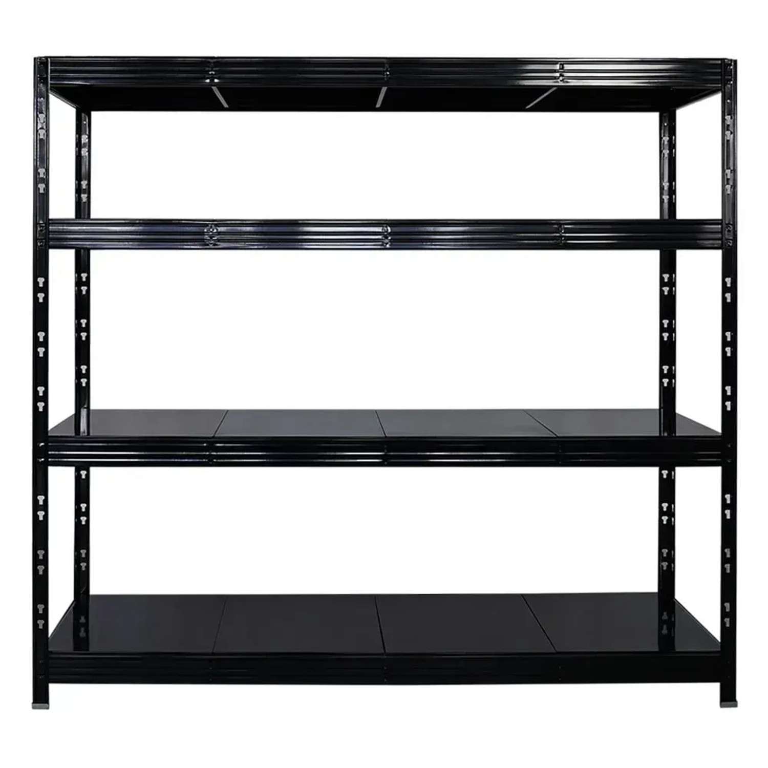 Schwarzes PROREGAL Schwerlastregal Rhino mit 4 Stahlplatten-Ebenen, ideal für Lager und Werkstatt.