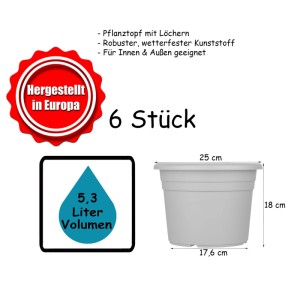 BigDean 6x Blumentopf 25 cm Anthrazit Kunststoff Pflanztopf Containertopf Übertopf Pflanzkübel Rund