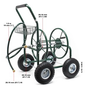 Grüner Wiltec Gartenschlauchwagen mit 4 Luftreifen, großer Schlauchtrommel, Handkurbel und Ablagekorb. Für 16mm Schläuche.