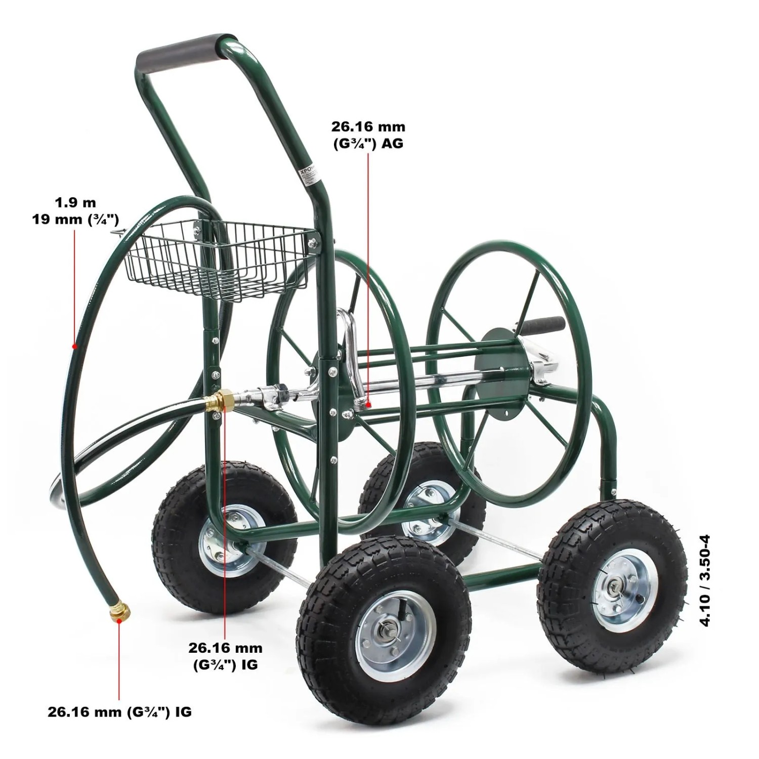 Wiltec Schlauchwagen 16Mm Gartenschlauch 76M Anschluss 19Mm 4 Räder Aufroller_3