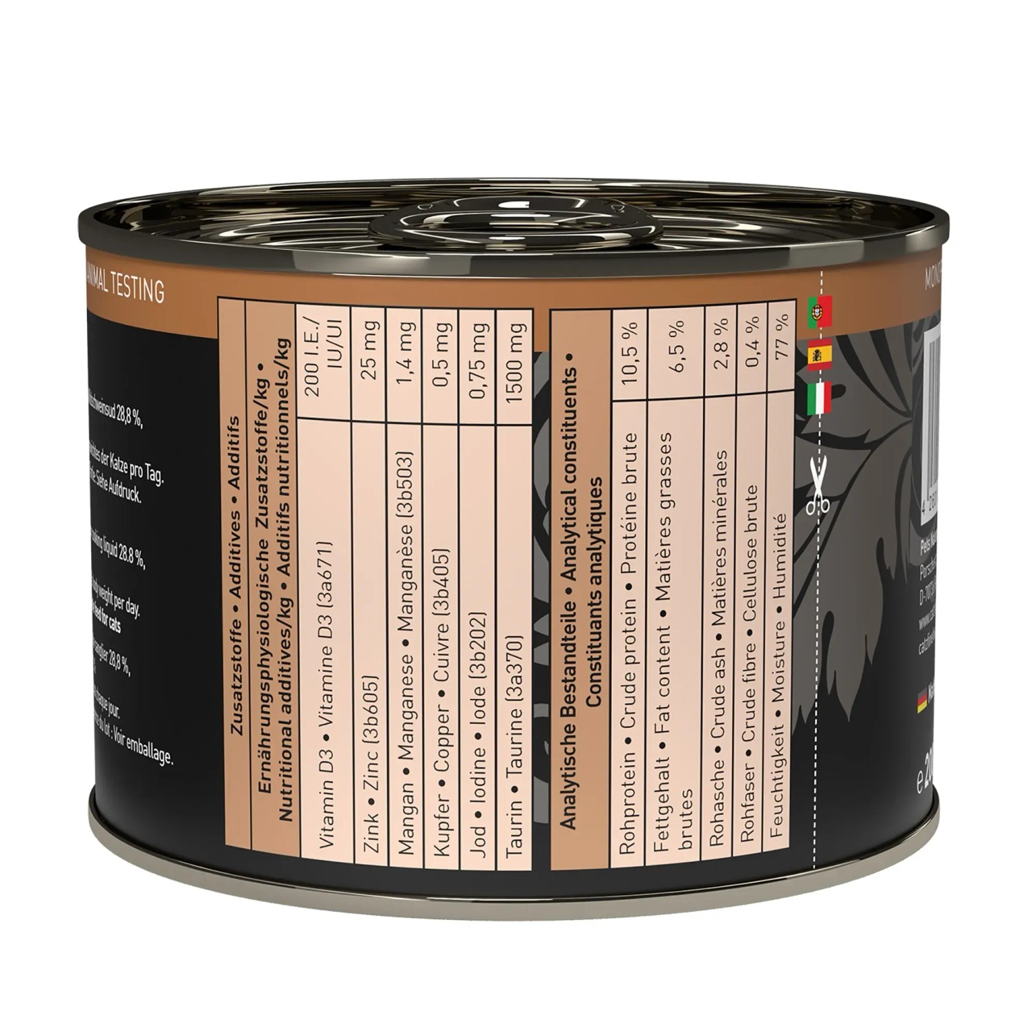 Catz Finefood Purrrr Wildschwein Katzen-Nassfutter in Dose, Detailansicht der Inhaltsstoffe.