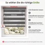 Anleitung zur Größenwahl für graues Doppelrollo Klemmfix. Zeigt Glas- und Bestellbreite am Fenster für optimalen Sichtschutz.