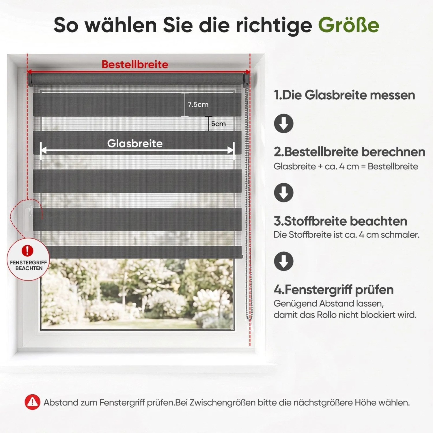Anleitung zur Größenwahl für graues Doppelrollo Klemmfix. Zeigt Glas- und Bestellbreite am Fenster für optimalen Sichtschutz.