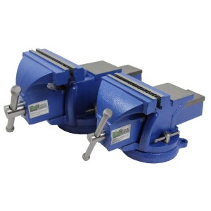 Zwei blaue TRUTZHOLM Schraubstöcke, drehbar mit Amboss, für die Werkbank, 150 mm.