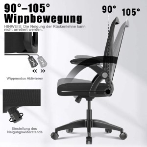 Ergonomischer, schwarzer Drehstuhl mit Mesh-Lehne, Klapparmlehnen und Höhenverstellung.