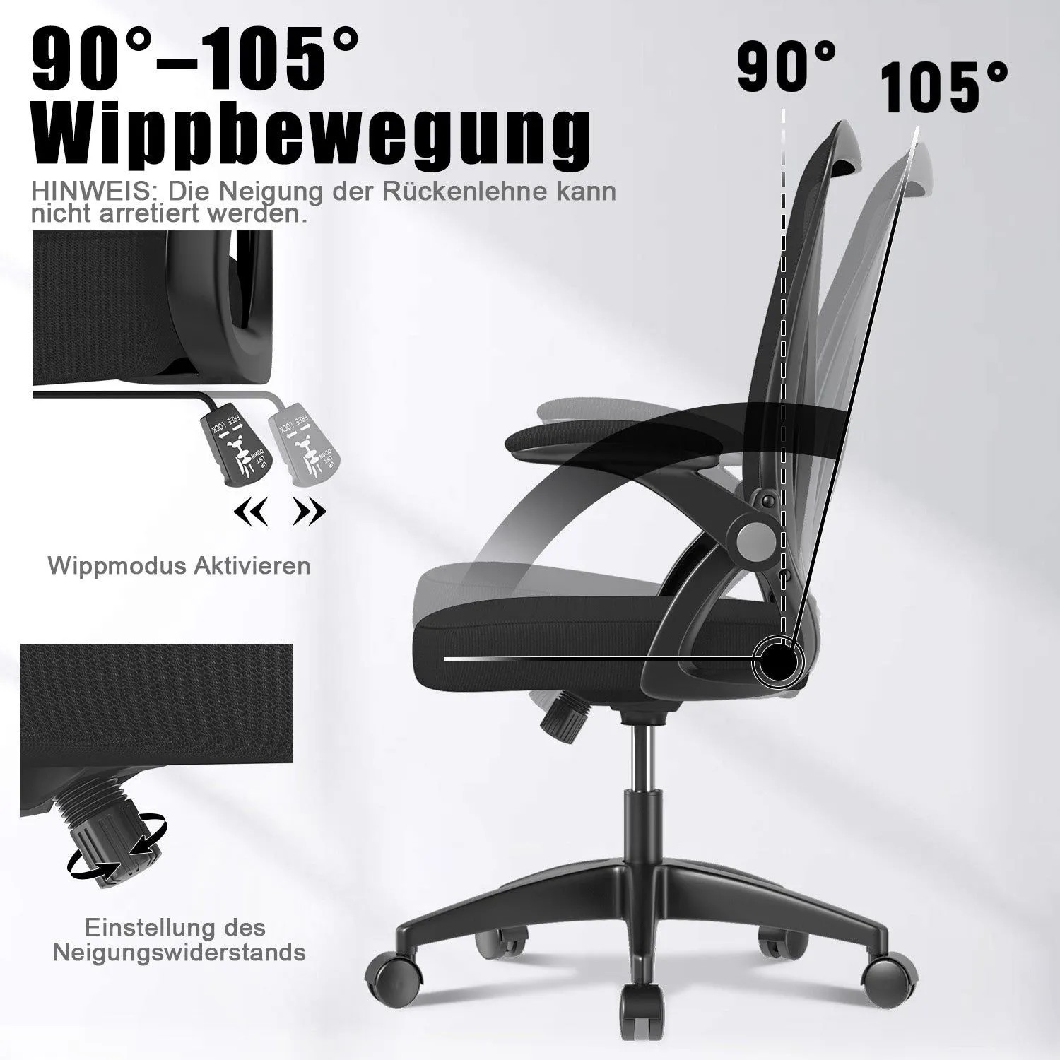 Ergonomischer, schwarzer Drehstuhl mit Mesh-Lehne, Klapparmlehnen und Höhenverstellung.