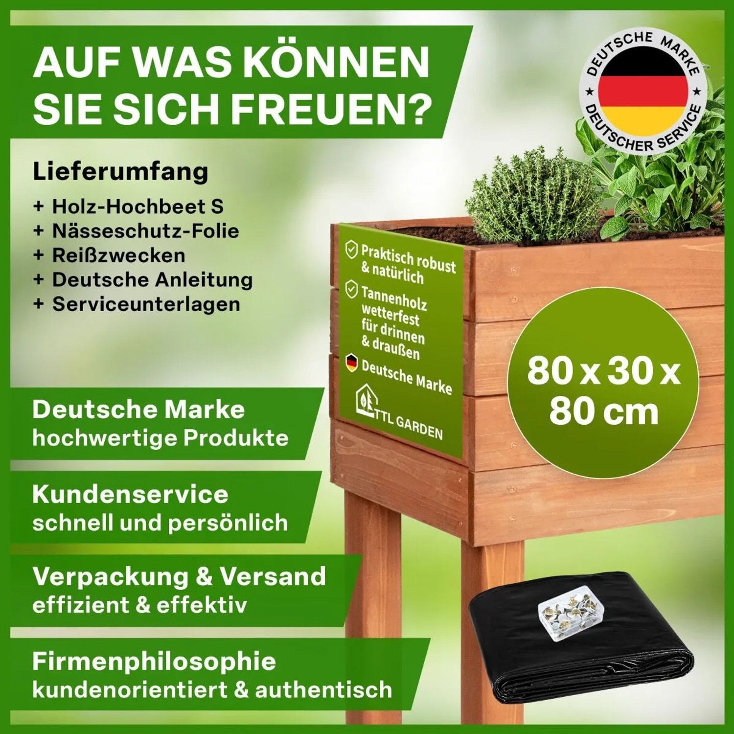 Braunes TTL GARDEN Hochbeet S 80x30x80 cm aus Tannenholz mit Ablagefach für Balkon und Terrasse.