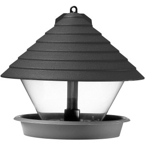 Schwarzes Vogelfutterhaus Katan mit transparentem Futterbehälter zum Hängen oder Stellen.