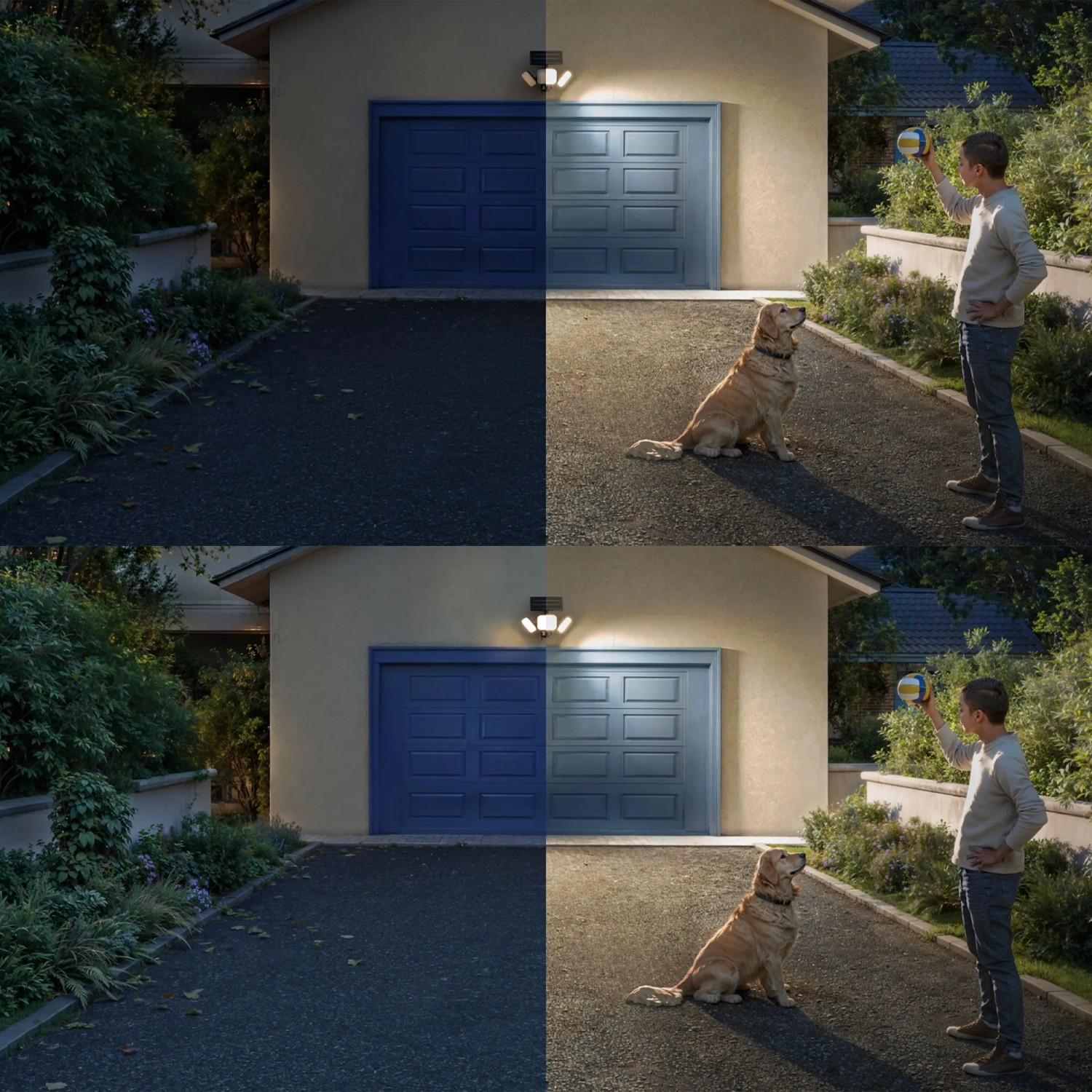 Philips Solar-Outdoor-Sicherheitslicht Zyren im Einsatz: Kind und Hund im Garten, beleuchtet durch den LED-Außenstrahler.