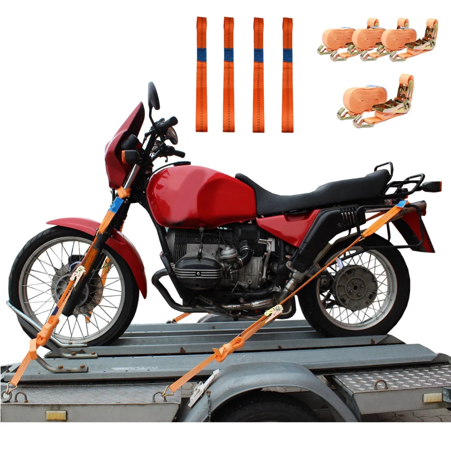 TRUTZHOLM 4 Gurtschlaufen Doppelschlaufe und 4 Spanngurte Motorradspanngurt Orange